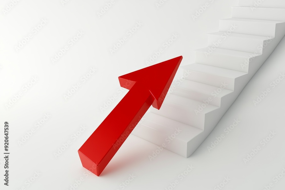 Red arrow pointing upwards on white staircase background representing growth and progress Red arrow pointing upwards on white staircase background representing growth and progress