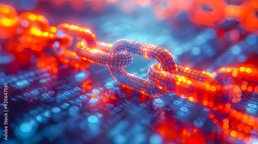 Blockchain technology concept showing red glowing chain on digital background Blockchain technology concept showing red glowing chain on digital background