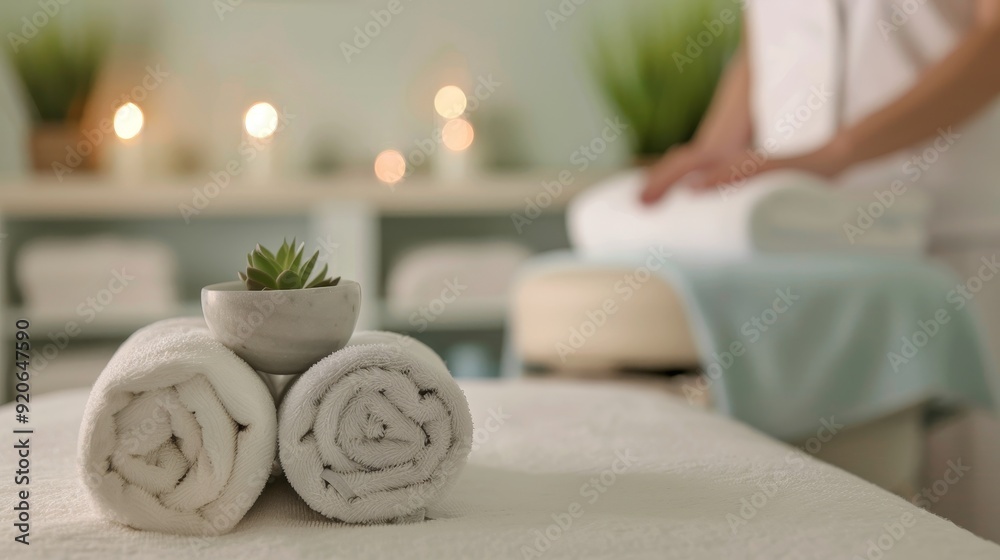 Relaxing spa setting with neatly rolled towels, a small plant, and calming ambiance, perfect for wellness and rejuvenation themes. Relaxing spa setting with neatly rolled towels, a small plant, and calming ambiance, perfect for wellness and rejuvenation themes.
