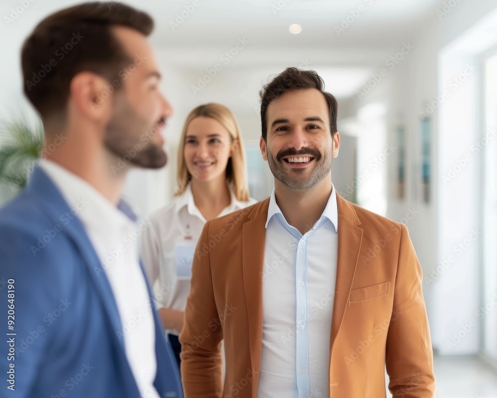 Obraz premium Three professionals engage in a friendly conversation, showcasing teamwork and collaboration in a modern office environment.