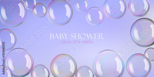 Soap bubbles in purple water, 3d vector background. White reflections on big spheres and pink circles blown by wand. Rainbow iridescent round shaped ball. Glass mirror foam flare in air png