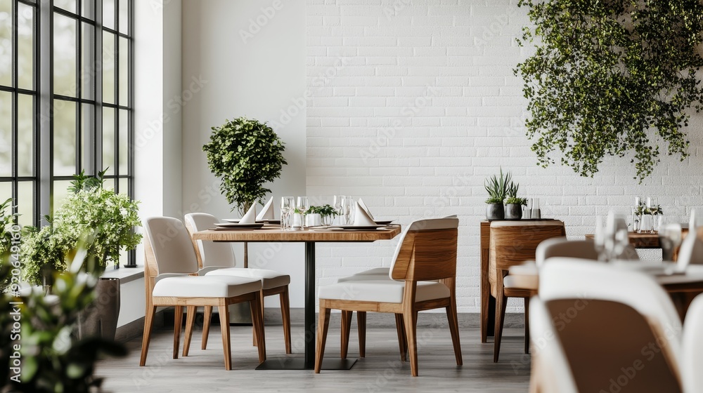 Fototapeta premium Modern dining area with wooden furniture, plants, and natural lighting, creating a warm and inviting atmosphere.