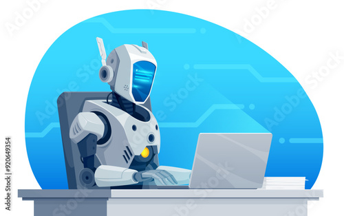 Robot writer or secretary cartoon character typing on laptop. Vector AI artificial intelligence robot or humanoid cyborg writer, secretary, editor, blog author and journalist working on computer