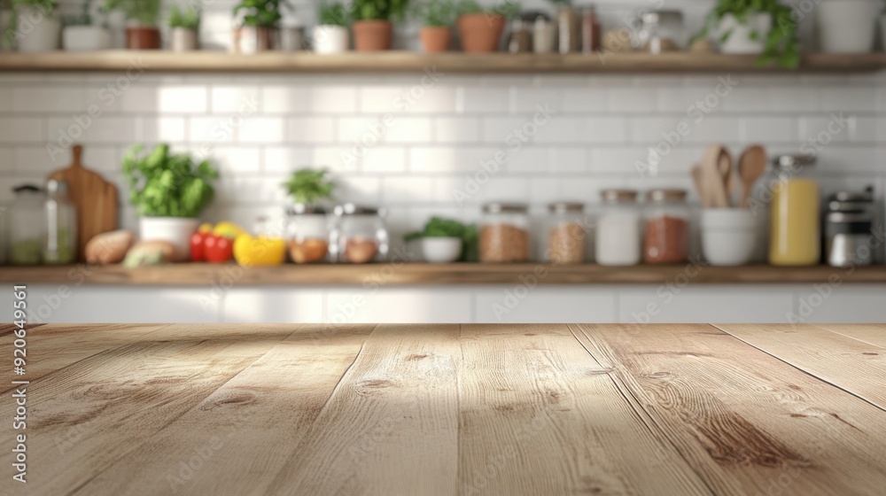 Empty clean wooden table in the homey kitchen with ingredients for home commercial products display. Empty clean wooden table in the homey kitchen with ingredients for home commercial products display.