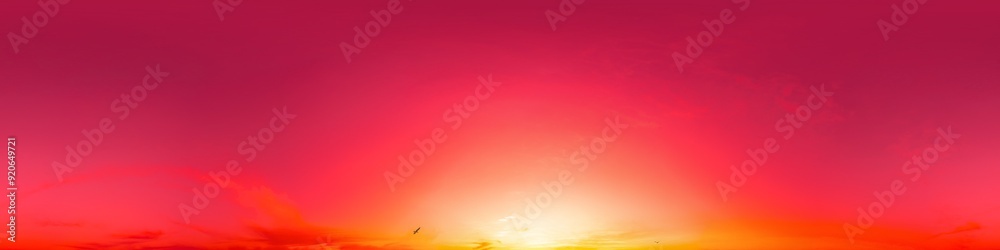 Naklejka premium Golden glowing red orange overcast sunset sky 360 hdr panorama. Seamless spherical equirectangular panorama. Sky dome or zenith for 3D visualization and sky replacement for aerial drone 360 panoramas.