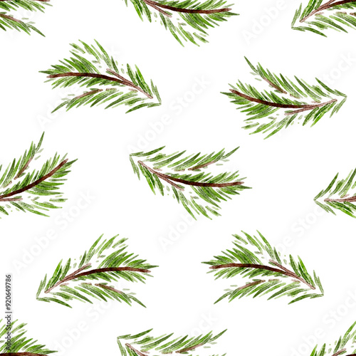 Watercolor Christmas pine tree twigs seamless pattern, new year design background