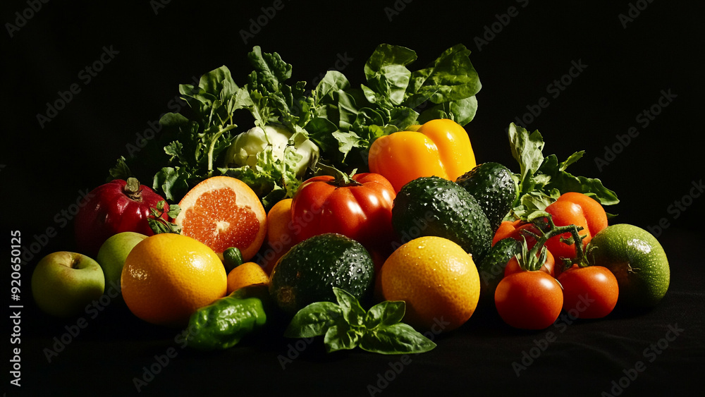 Vibrant and Nutritious Foods: Fruits and Vegetables on Black Background Vibrant and Nutritious Foods: Fruits and Vegetables on Black Background