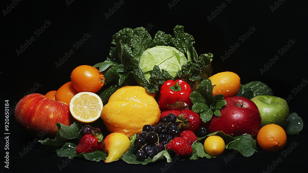 Detailed and Colorful Healthy Foods Isolated on Black