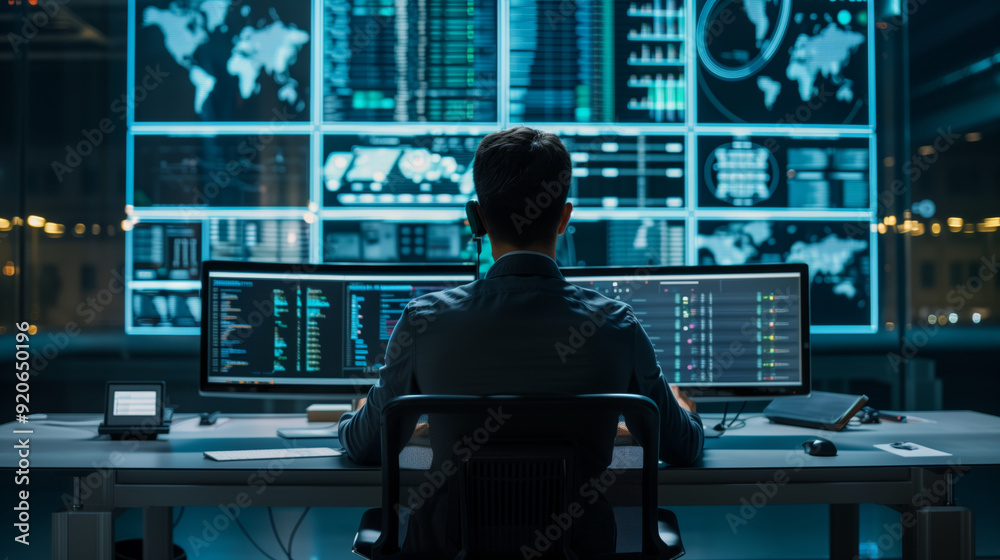 Cybersecurity Analyst at Work in a Monitoring Room..