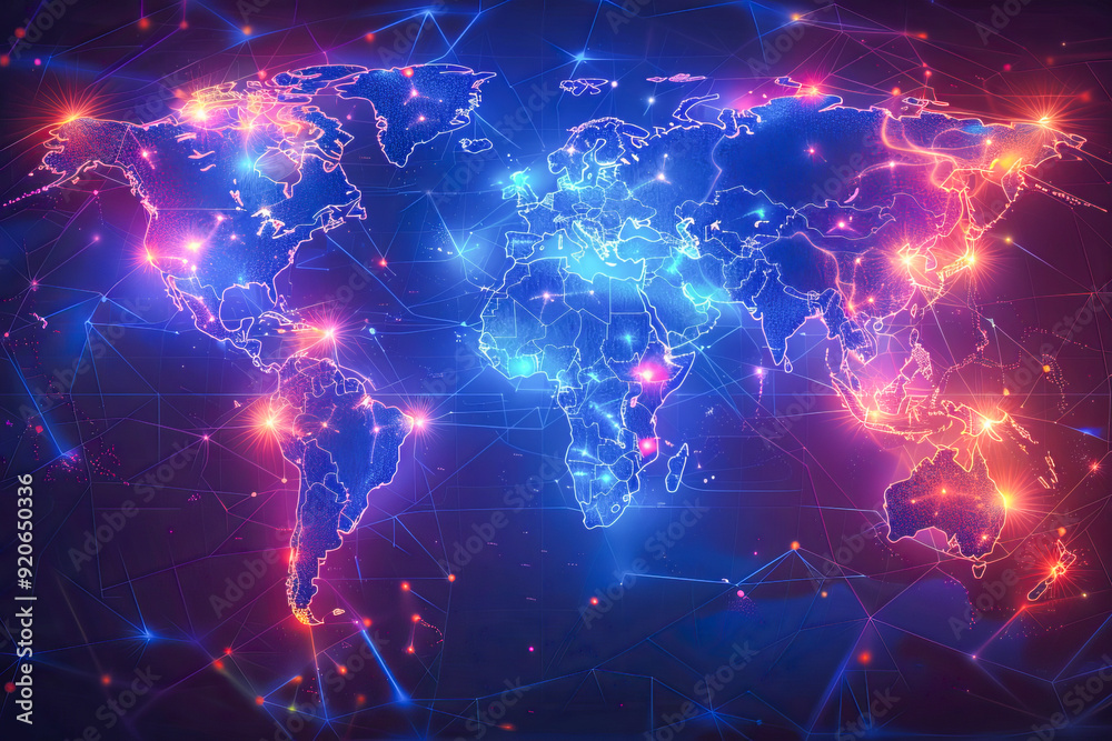 Neon world map showing global connections and networks Neon world map showing global connections and networks