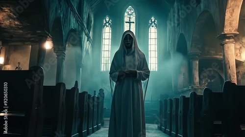 Possessed bloody Nun in a church or temple. Nun possessed by the devil. Evil nun. Horror movie concept. Halloween concept. Portrait of scary devilish nun
