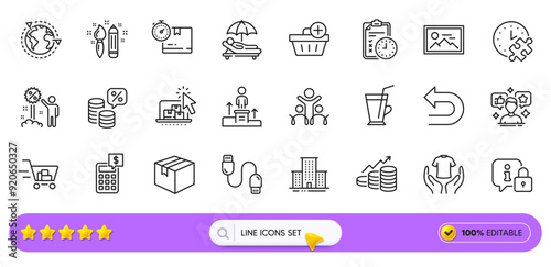 University campus, Photo and Outsourcing line icons for web app. Pack of Puzzle time, Parcel, Social media pictogram icons. Add purchase, Charging cable, Business podium signs. Search bar. Vector