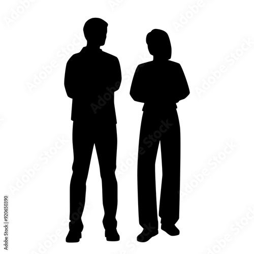Vector silhouettes of  man and a woman, a couple standing   business people, profile, black color isolated on white background