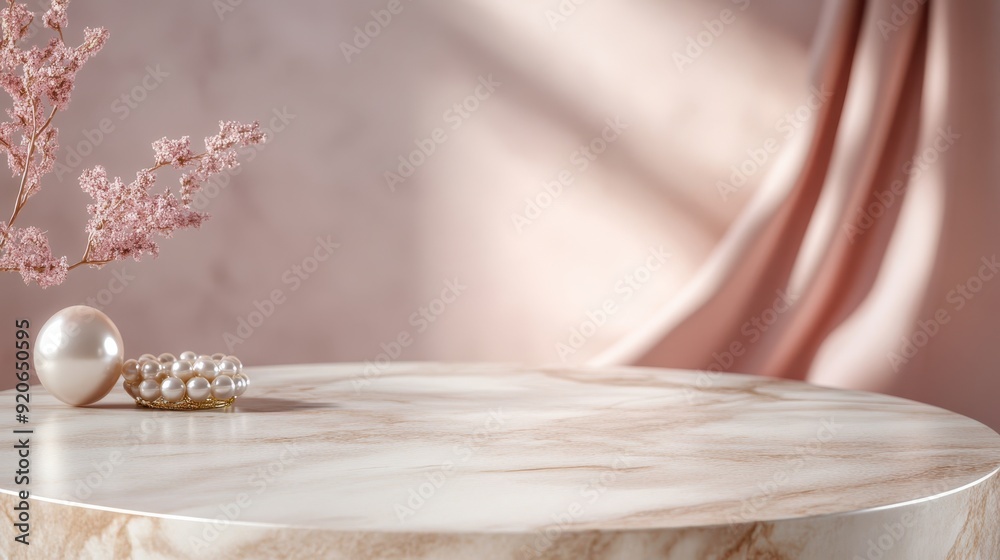 Blank granite table and blurred pink living room with pearl and flower, product montage display. Blank granite table and blurred pink living room with pearl and flower, product montage display.