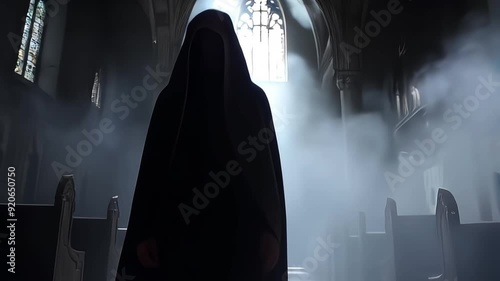 Possessed bloody Nun in a church or temple. Nun possessed by the devil. Evil nun. Horror movie concept. Halloween concept. Portrait of scary devilish nun