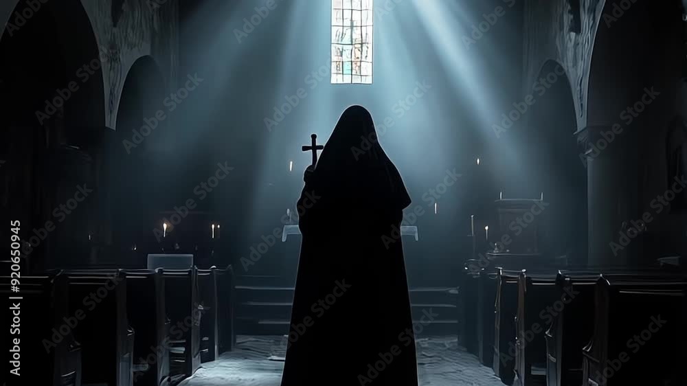 Possessed bloody Nun in a church or temple. Nun possessed by the devil. Evil nun. Horror movie concept. Halloween concept. Portrait of scary devilish nun