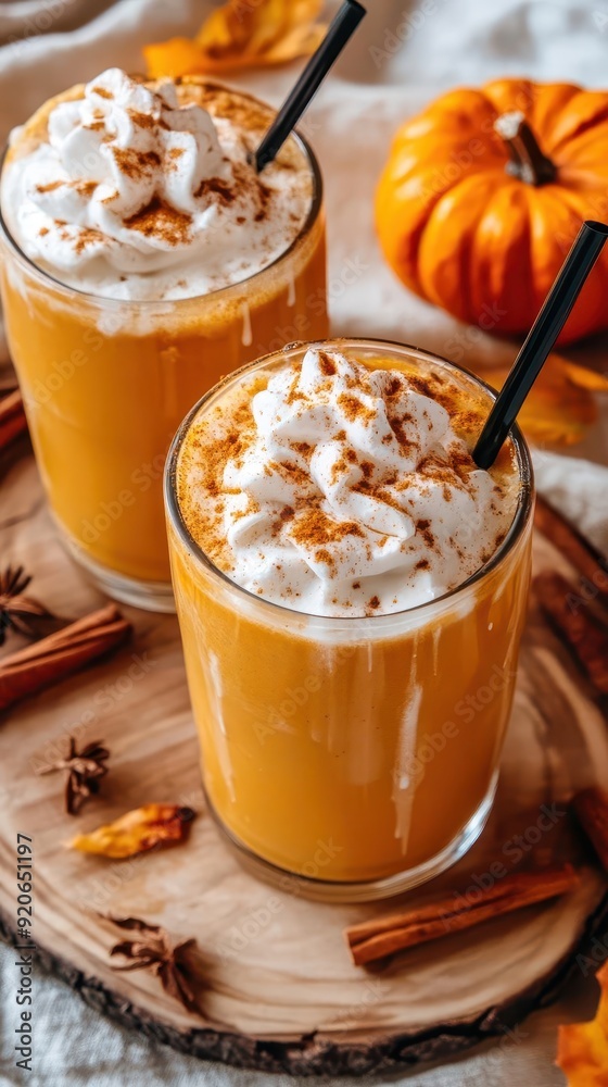 Seasonal pumpkin drinks, cozy and delicious, close-up, inviting