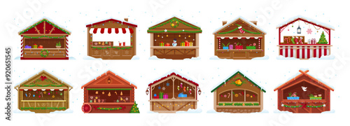 Christmas market stall booth, winter holiday fair village with wooden houses, vector icons. Christmas market vendor booth and kiosks with decorations, gingerbread cookies, sweets and mulled wine