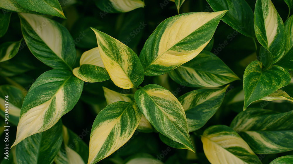 A close-up of variegated plant leaves, with patterns of green and white, or green and yellow, showcasing the beauty of mixed colors in nature