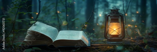 An enchanting scene of an open book and a lantern glowing amid a misty forest with fireflies, fostering a magical and serene ambiance. photo