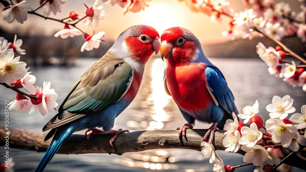 Obraz premium create-an illustration of a serene garden love birds scene