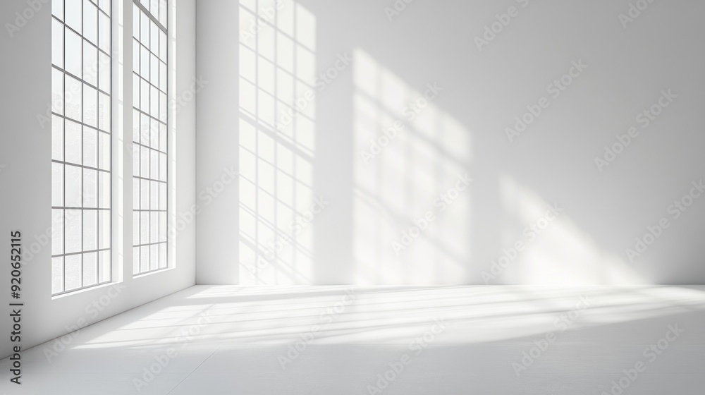 Sunlight streaming through a window casting shadows on a white wall and floor
