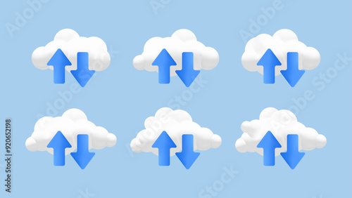 3D Clouds and Arrow Upload or Download Graphics for Cloud Computing and Data Storage - Vector Illustration