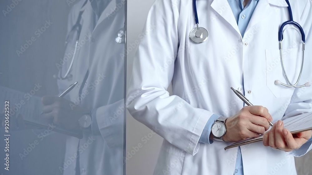 Healthcare professional doctor writing medical records on a clipboard. Female unrecognizable physician at work. Medicine and pharmacy Healthcare professional doctor writing medical records on a clipboard. Female unrecognizable physician at work. Medicine and pharmacy