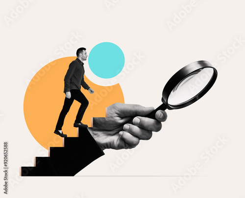 The man steps towards the hand with the magnifying glass. Art collage.