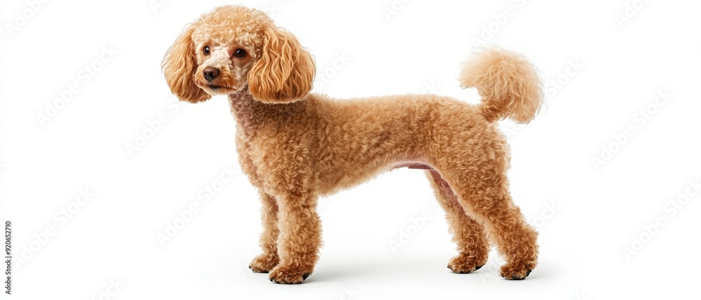 A cute, fluffy dog with curly fur standing on a white background. A cute, fluffy dog with curly fur standing on a white background.