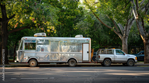 High-Angle View of Ice Cream Truck and Pickup, Side View