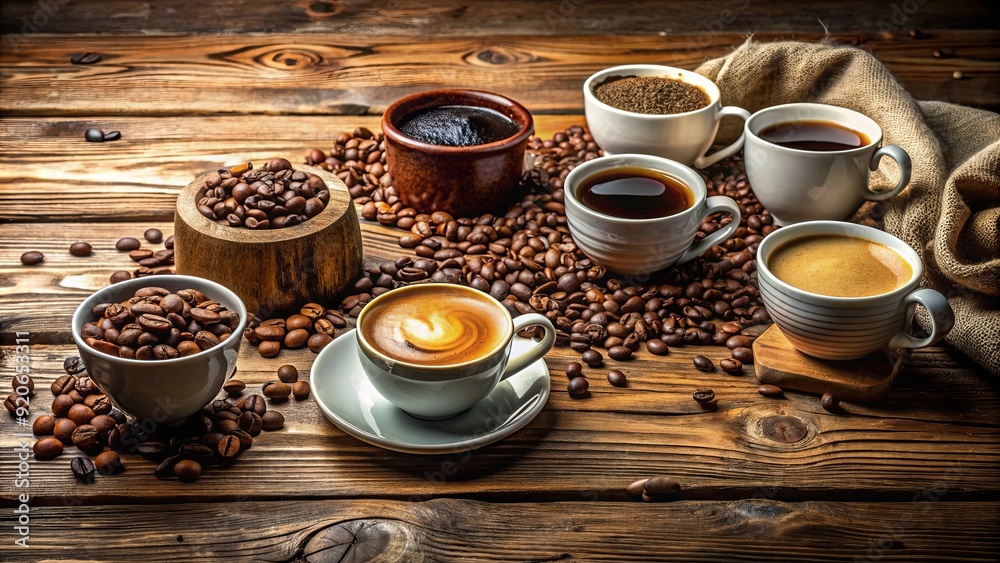Variety of coffee cups and beans on rustic wooden table Variety of coffee cups and beans on rustic wooden table