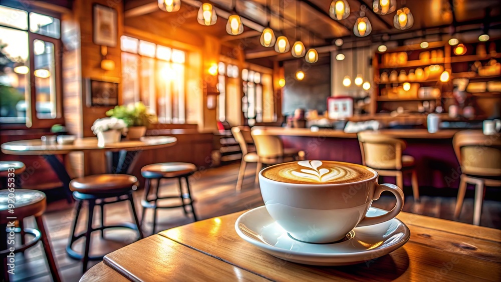 Hot latte coffee placed on table in cozy cafe restaurant setting Hot latte coffee placed on table in cozy cafe restaurant setting