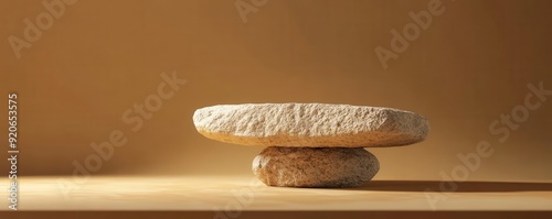 Irregularshaped stone pedestal on a warmtoned background, minimalistic and organic, 3D abstract design photo