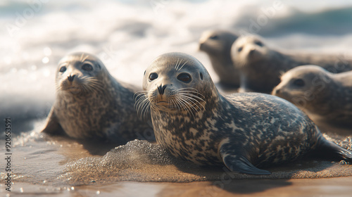 A group of seals lounging on the sand near the water’s edge, enjoying the sun and the surf