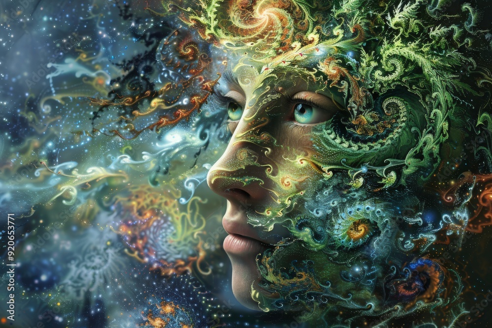 custom made wallpaper toronto digitalA surreal depiction of a face intertwined with intricate, colorful fractal patterns.