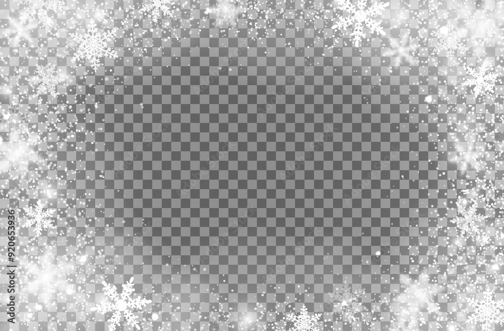 Realistic Christmas snowfall snowflakes overlay frame on transparent background. Isolated vector snow flakes oval border with falling snow and steam. Xmas magic window, white winter snowstorm texture