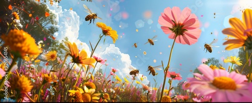 Blossoming Beauty: Bees Amidst Colorful Flowers