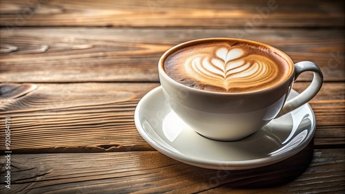 Close-up of a creamy and foamy cappuccino in a stylish cup on a wooden table