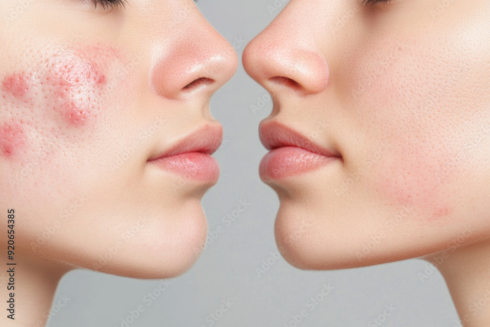 Obraz premium Dual Perspectives on Skin Health, showcasing contrasting skin conditions, one side with acne and irritation, the other with smooth, clear features, emphasizing the journey of skincare.