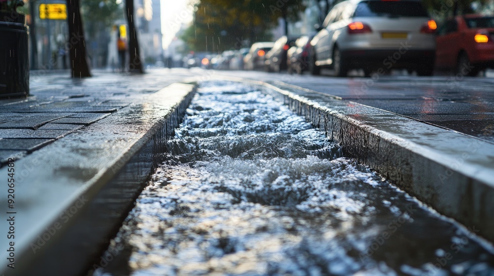 Flowing water through a drainage channel on a busy urban street, highlighting efficient water management in the city. Flowing water through a drainage channel on a busy urban street, highlighting efficient water management in the city.
