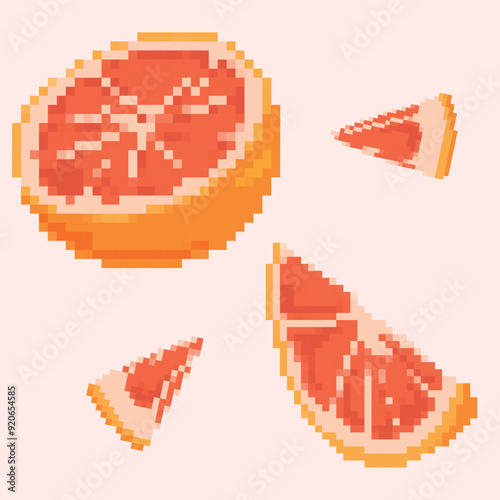 Minimalist pixel illustration featuring half a grapefruit and grapefruit slices on a light pink background. Ideal for retro designs, digital art projects and fresh fruit inspired decor.