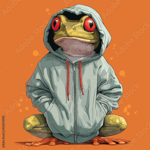 Cartoon-style frog wearing a tracksuit, combining human and amphibian features.
