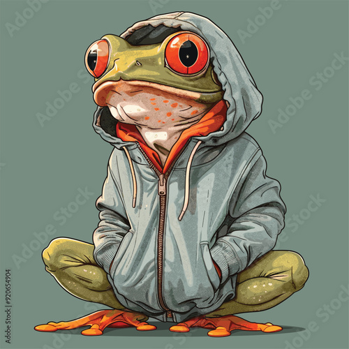 Cartoon-style frog wearing a tracksuit, combining human and amphibian features.
