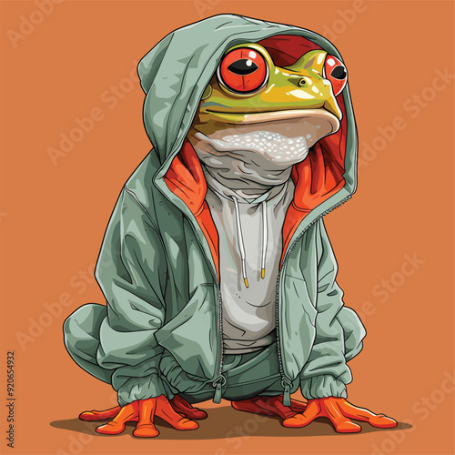 Cartoon-style frog wearing a tracksuit, combining human and amphibian features.
