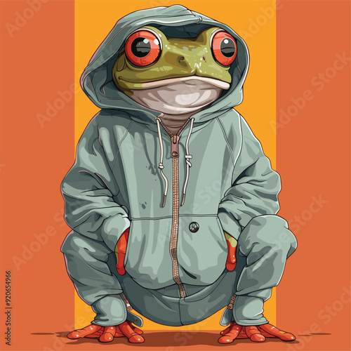 Cartoon-style frog wearing a tracksuit, combining human and amphibian features.
