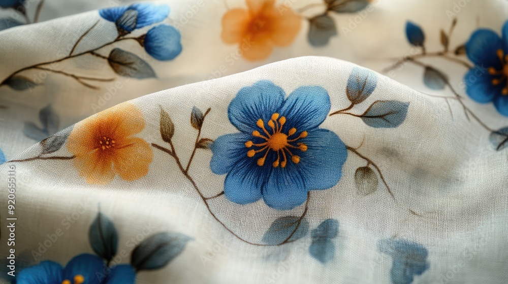Delicate small flowers and leaves pattern on fabric Delicate small flowers and leaves pattern on fabric