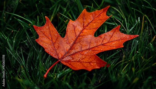 Closeup of a vibrant maple leaf resting on a bed of dewy grass, with intricate details of the leafs veins highlighted by the morning light photo