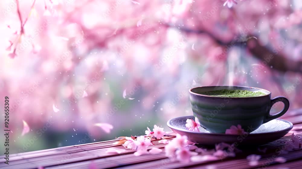 A cup of matcha tea overlooking a cherry blossom tree. Looping 4k video animation background