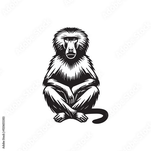 Baboon silhouette, Baboon clipart, A Baboon Sitting Calmly Vector Illustration in black and white